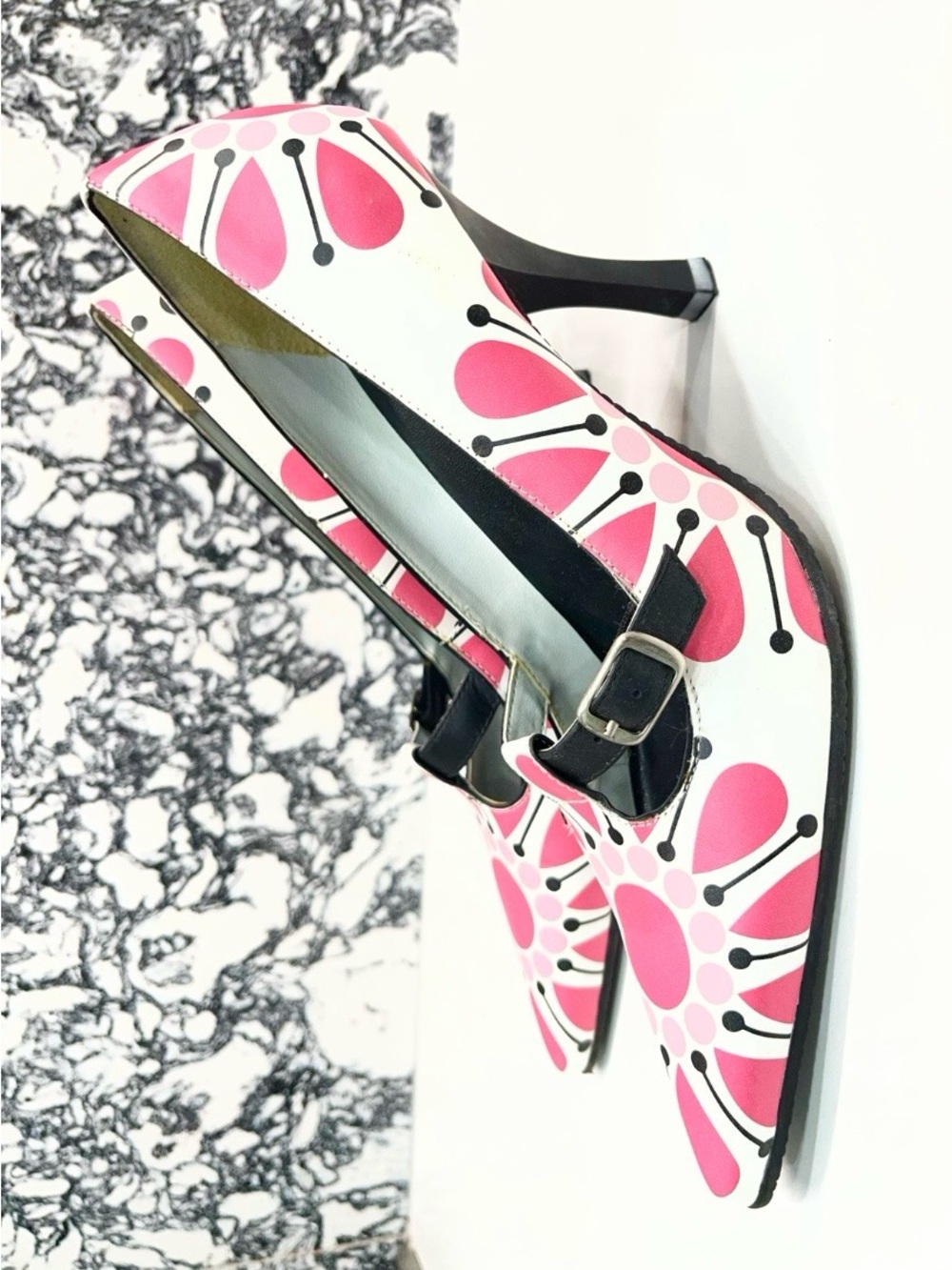 MIA Pink & White Patterned Mary Jane Heels with Black Strap - Picture 3 of 10